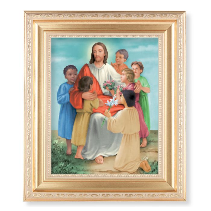 Satin Gold Frame with Christ with Children Print