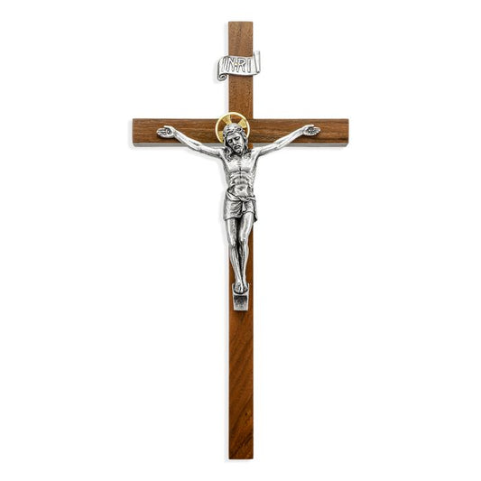 Walnut Cross with Antiqued Silver and Gold Tone Salerni Corpus
