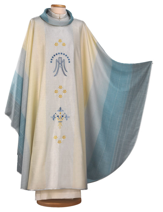 #2005 Italian Embroidered Marian Symbol Chasuble | Ultra Lightweight | Roll Collar | Wool/Lurex