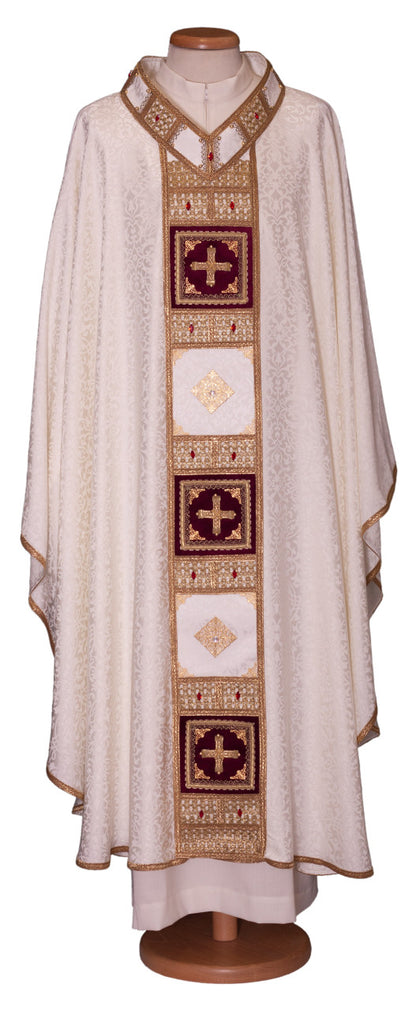 #4829 Ornate Crystal Inlay Italian Embroidered Chasuble | Plain V Collar | Acetate/Viscose | All Colors