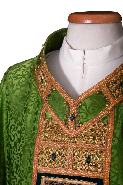 #4829 Ornate Crystal Inlay Italian Embroidered Chasuble | Plain V Collar | Acetate/Viscose | All Colors