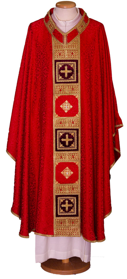 #4829 Ornate Crystal Inlay Italian Embroidered Chasuble | Plain V Collar | Acetate/Viscose | All Colors