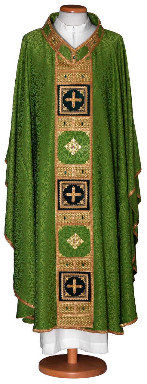 #4829 Ornate Crystal Inlay Italian Embroidered Chasuble | Plain V Collar | Acetate/Viscose | All Colors
