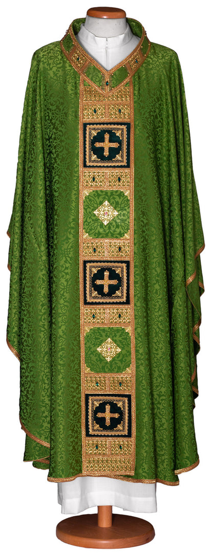 #4829 Ornate Crystal Inlay Italian Embroidered Chasuble | Plain V Collar | Acetate/Viscose | All Colors