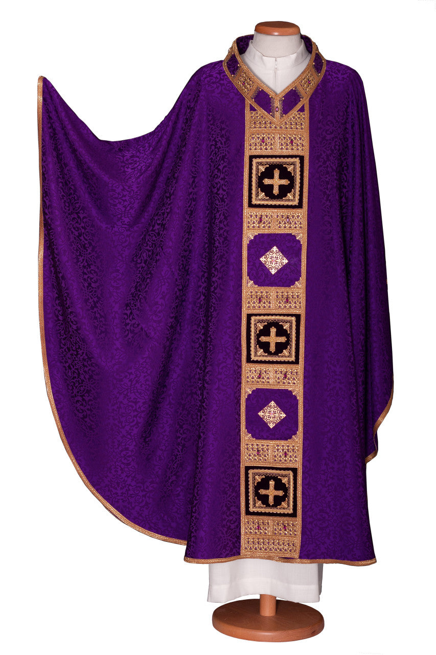 #4829 Ornate Crystal Inlay Italian Embroidered Chasuble | Plain V Collar | Acetate/Viscose | All Colors
