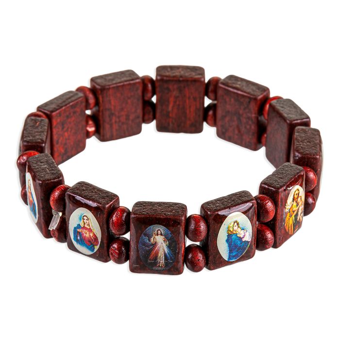 Patron Saint Picture Brown Wood Bead Bracelet