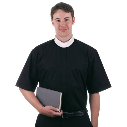 Black Clergy Shirt | Neckband Collar | Short Sleeve | Poly/Cotton