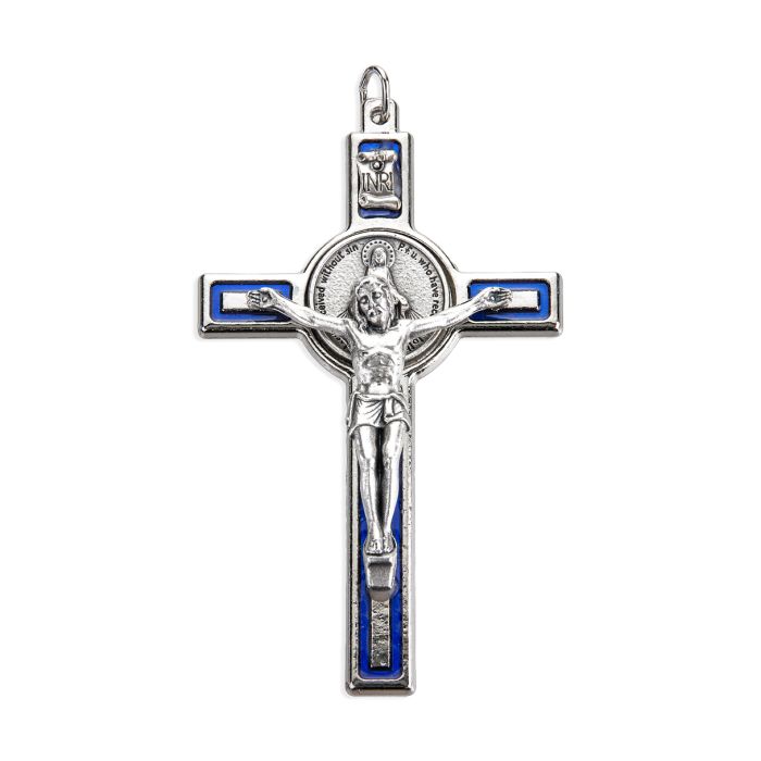 Blue Epoxied Miraculous Medal Crucifix with Antique Silver Corpus