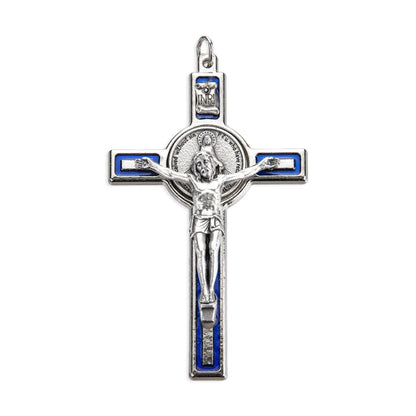 Blue Epoxied Miraculous Medal Crucifix with Antique Silver Corpus