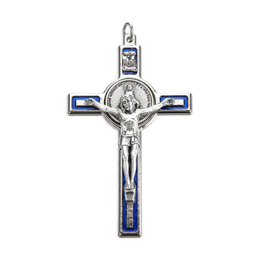Blue Epoxied Miraculous Medal Crucifix with Antique Silver Corpus