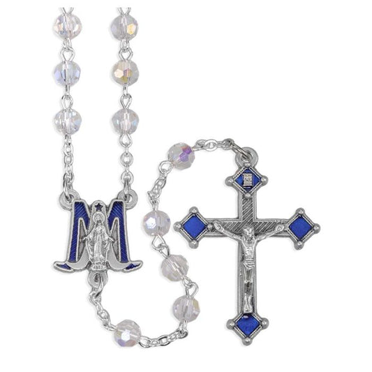 6mm Tin Cut Crystal Rosary with Silver Findings, Mir Medal Centerpiece and Crucifix with Blue Epoxy