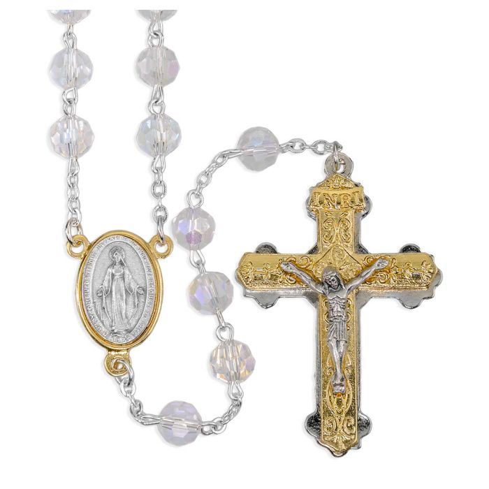 8mm Tin Cut Crystal Rosary with Mir Med Ctr and Double Layer Crucifix