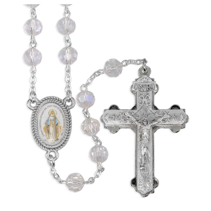 8mm Tin Cut Crystal Rosary with Silver Findings with Mir Medal Picture Centerpiece and Silver Ox Double Layer Crucifix