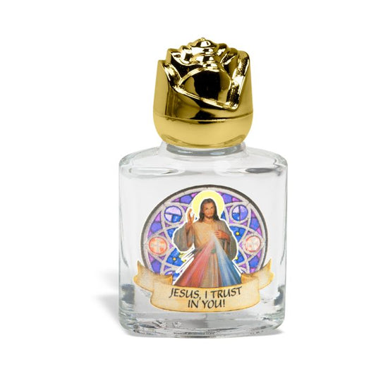 Glass Divine Mercy Holy Water Bottle with Gold Rose Cap