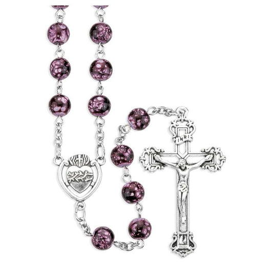 8mm Glass Amethyst Marbelized Bead Rosary with Silver Ox Center and Crucifix