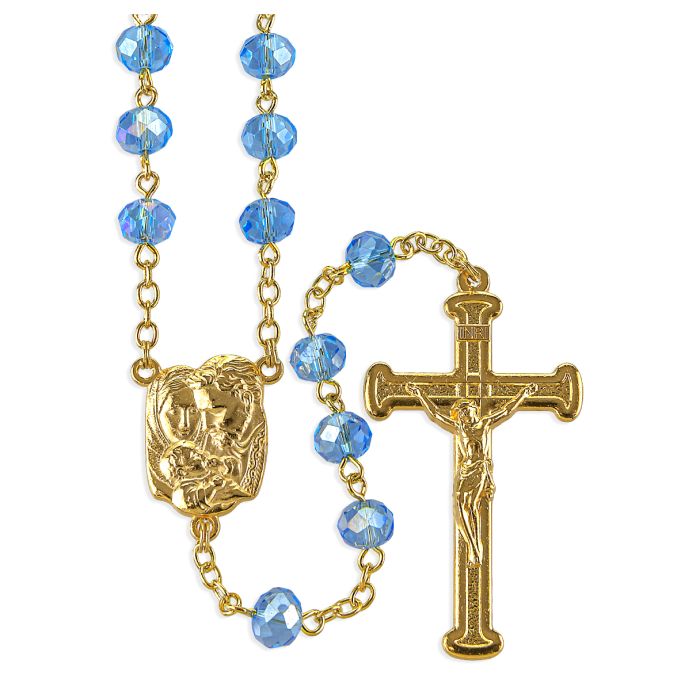 #250 Glass Bead Gold Tone Rosary, Boxed