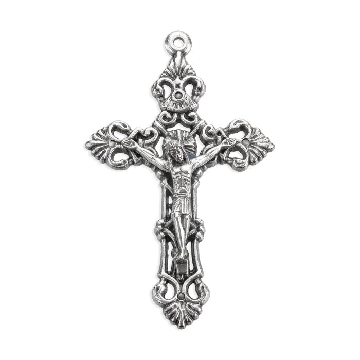 Antiqued Silver Oxidized Baroque Acanthus Leaf Crucifix
