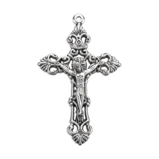 Antiqued Silver Oxidized Baroque Acanthus Leaf Crucifix