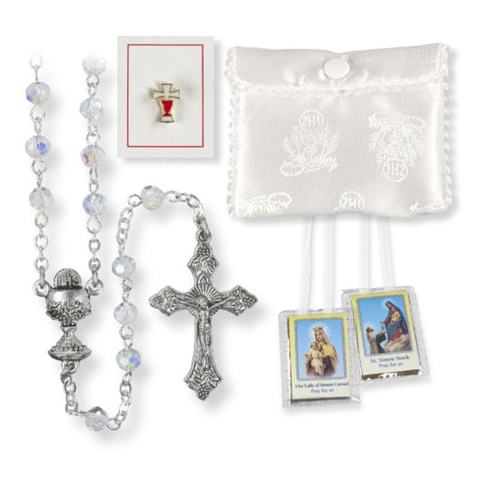 Girls First Communion Set with Crystal Aurora Borealis Rosary