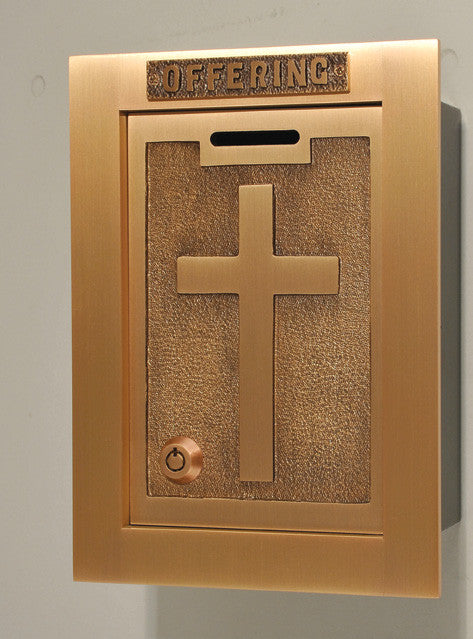 #81OF22 Raised Cross Wall Enclosed Offering Box | Bronze