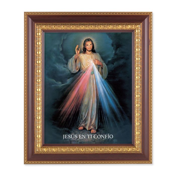 Cherry Frame with Gold Trim and Divine Mercy Print(Spanish)