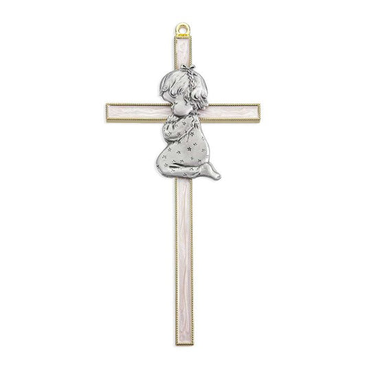 White Epoxied and Gold Finish Cross with Praying Baby