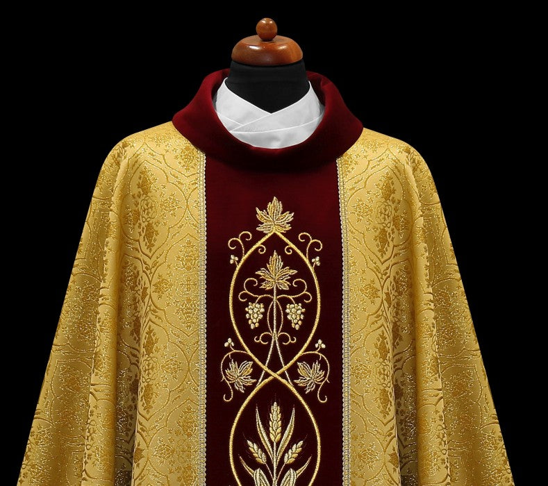 Embroidered Velvet-Panel Chasuble | 100% Polyester | All Colors | Made in Poland