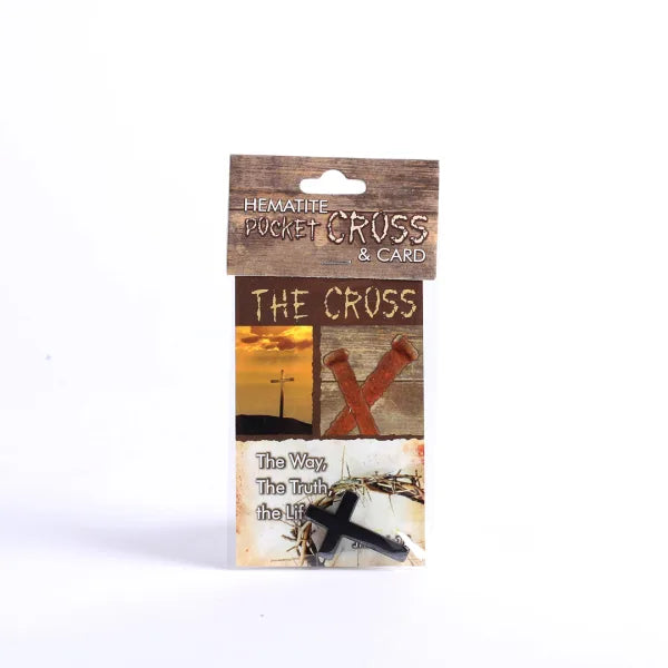 Hematite Rock Pocket Cross with "The Cross" Holy Card