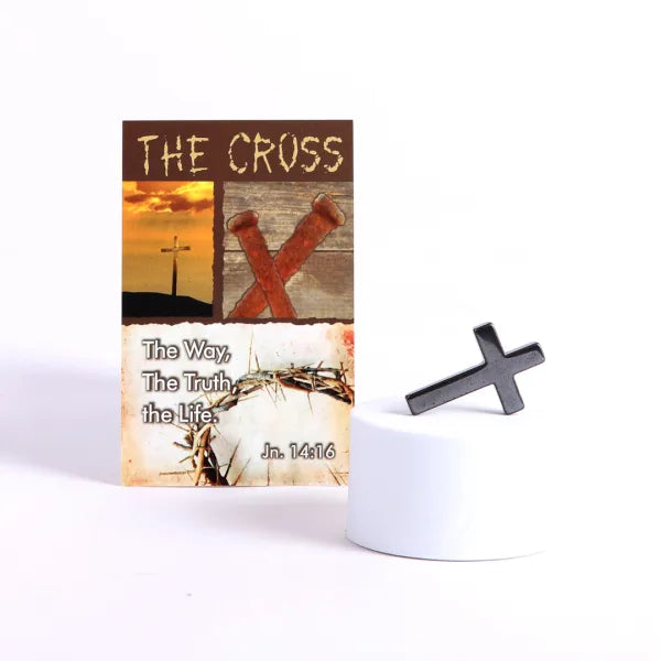 Hematite Rock Pocket Cross with "The Cross" Holy Card