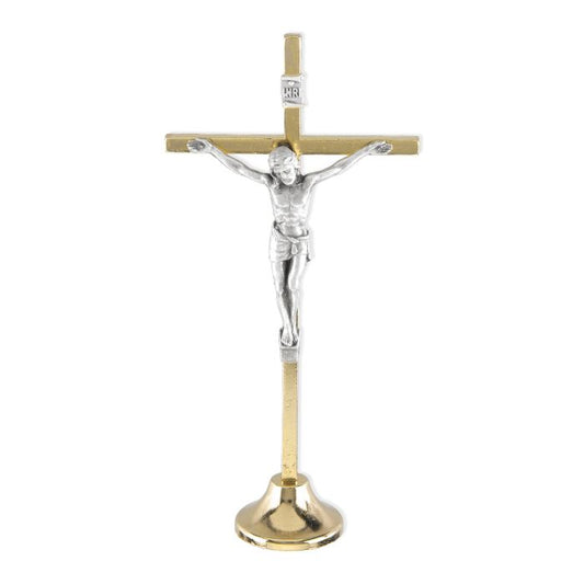 5" Brass Standing Gold Finished Crucifix with Silver Oxidized Corpus