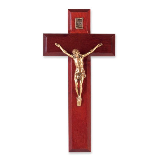 8" Dark Cherry Wood Cross with Museum Gold Tone Corpus