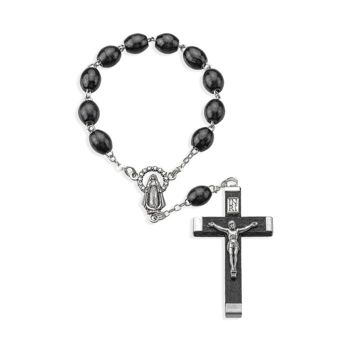 One Decade Oval Black Wood Bead Auto Rosary