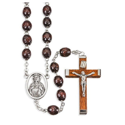 Maroon Wood Carved Bead Rosary