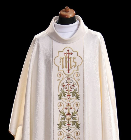Ornate IHS Embroidered Velvet-Panel Chasuble | 100% Polyester | All Colors | Made in Poland