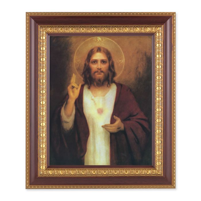 Cherry Frame with Gold Trim and Sacred Heart of Jesus Print