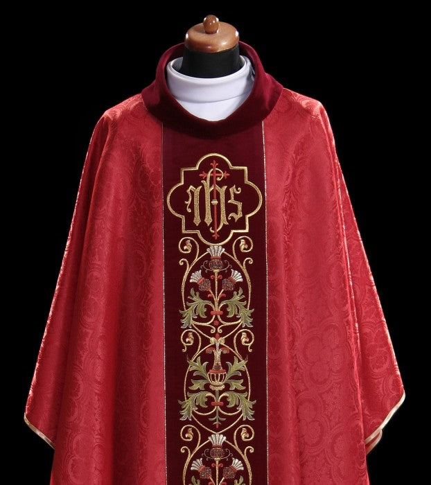 Ornate IHS Embroidered Velvet-Panel Chasuble | 100% Polyester | All Colors | Made in Poland