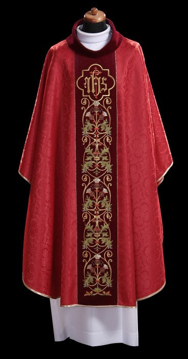 Ornate IHS Embroidered Velvet-Panel Chasuble | 100% Polyester | All Colors | Made in Poland