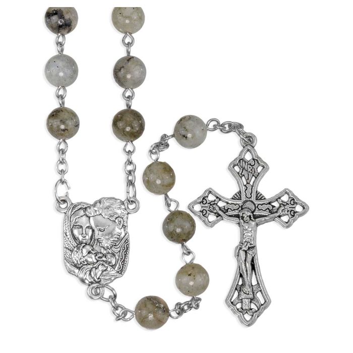 8mm Labradorite Stone Rosary with Holy Family Centerpiece and Crucifix