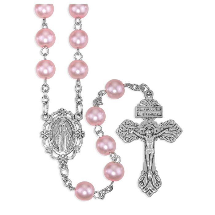 Pink Glass Pearl Rosary with O.L. of Grace Centerpiece and Crucifix