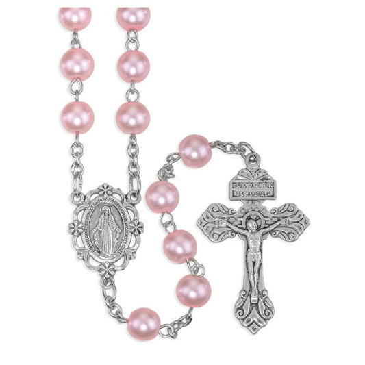 Pink Glass Pearl Rosary with O.L. of Grace Centerpiece and Crucifix
