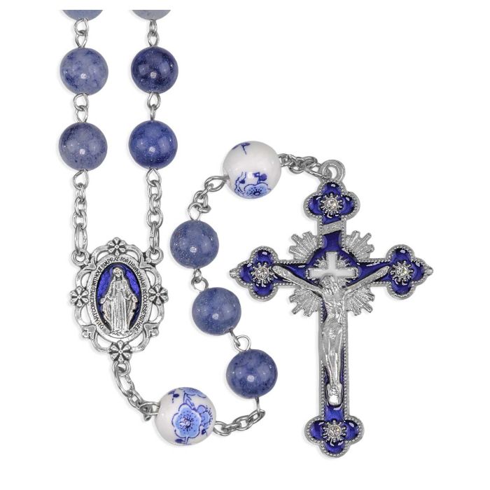 Blue Natural Stone Rosary with Blue Epoxied Pierced Miraculous Medal Centerpiece and Blue Epoxied Crucifix