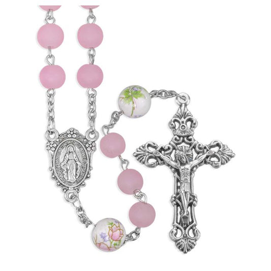 Frosted Pink Glass Beads Rosary with Ceramic Flowered Our Father Beads, O.L. of Grace Centerpiece and Crucifix