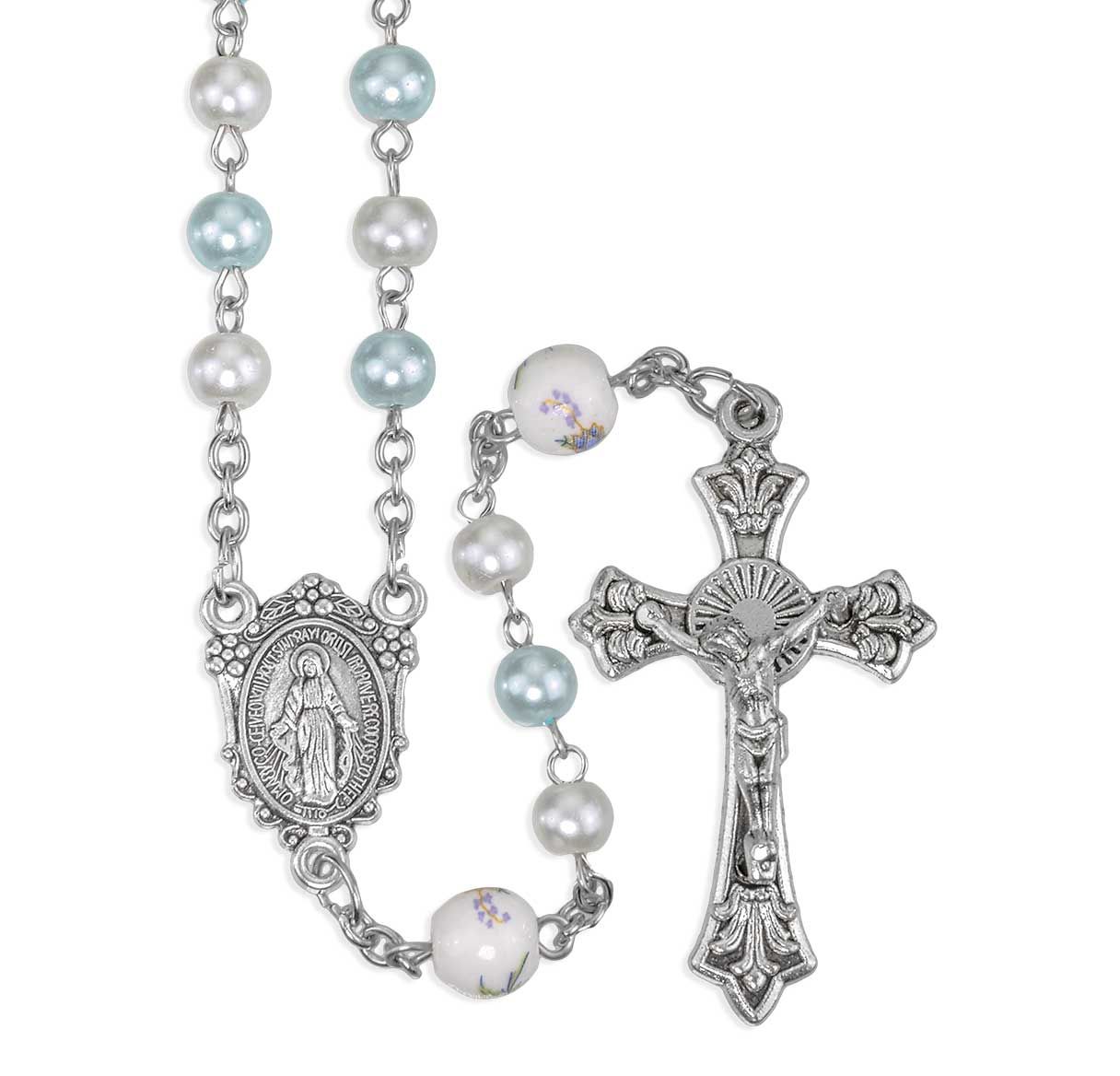 6mm Glass Blue Pearl Rosary with Ceramic Flowered Our Father Beads, O.L. of Grace Centerpiece and Crucifix