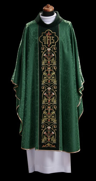 Ornate IHS Embroidered Velvet-Panel Chasuble | 100% Polyester | All Colors | Made in Poland