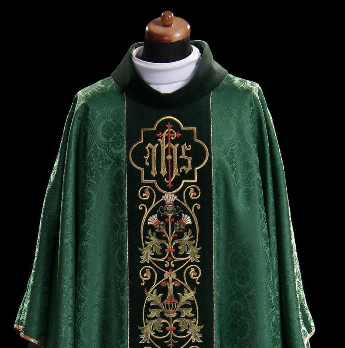 Ornate IHS Embroidered Velvet-Panel Chasuble | 100% Polyester | All Colors | Made in Poland