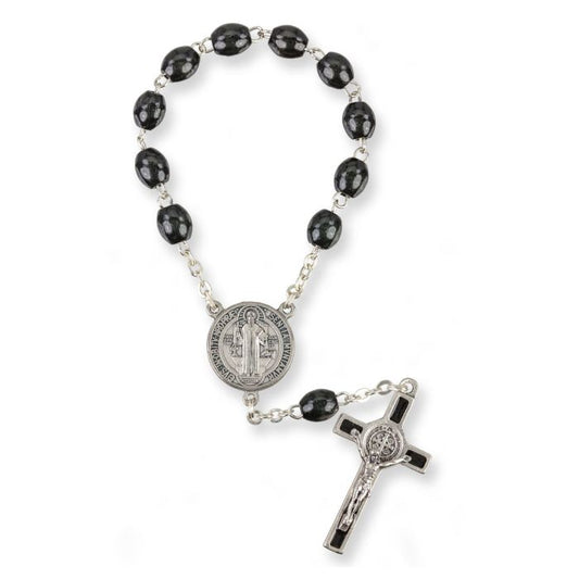 One Decade Oval Black Wood Bead Saint Benedict Auto Rosary