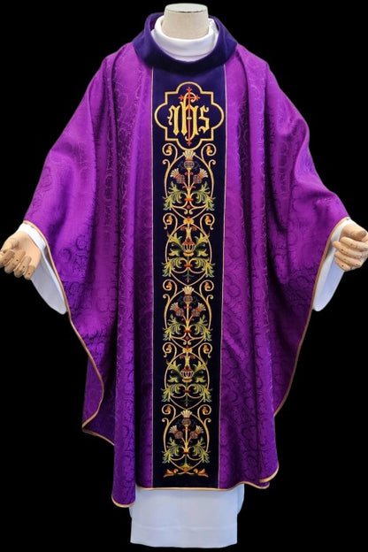 Ornate IHS Embroidered Velvet-Panel Chasuble | 100% Polyester | All Colors | Made in Poland