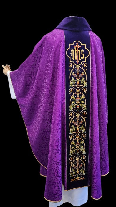 Ornate IHS Embroidered Velvet-Panel Chasuble | 100% Polyester | All Colors | Made in Poland