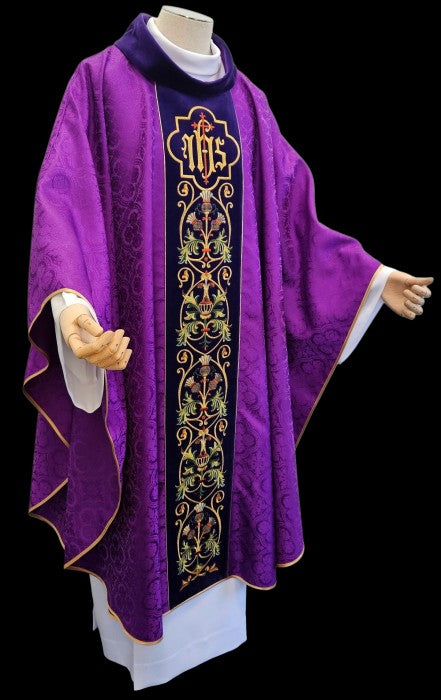 Ornate IHS Embroidered Velvet-Panel Chasuble | 100% Polyester | All Colors | Made in Poland
