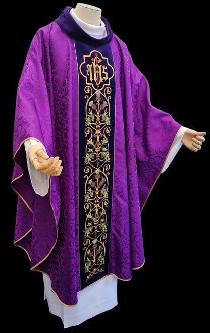 Ornate IHS Embroidered Velvet-Panel Chasuble | 100% Polyester | All Colors | Made in Poland